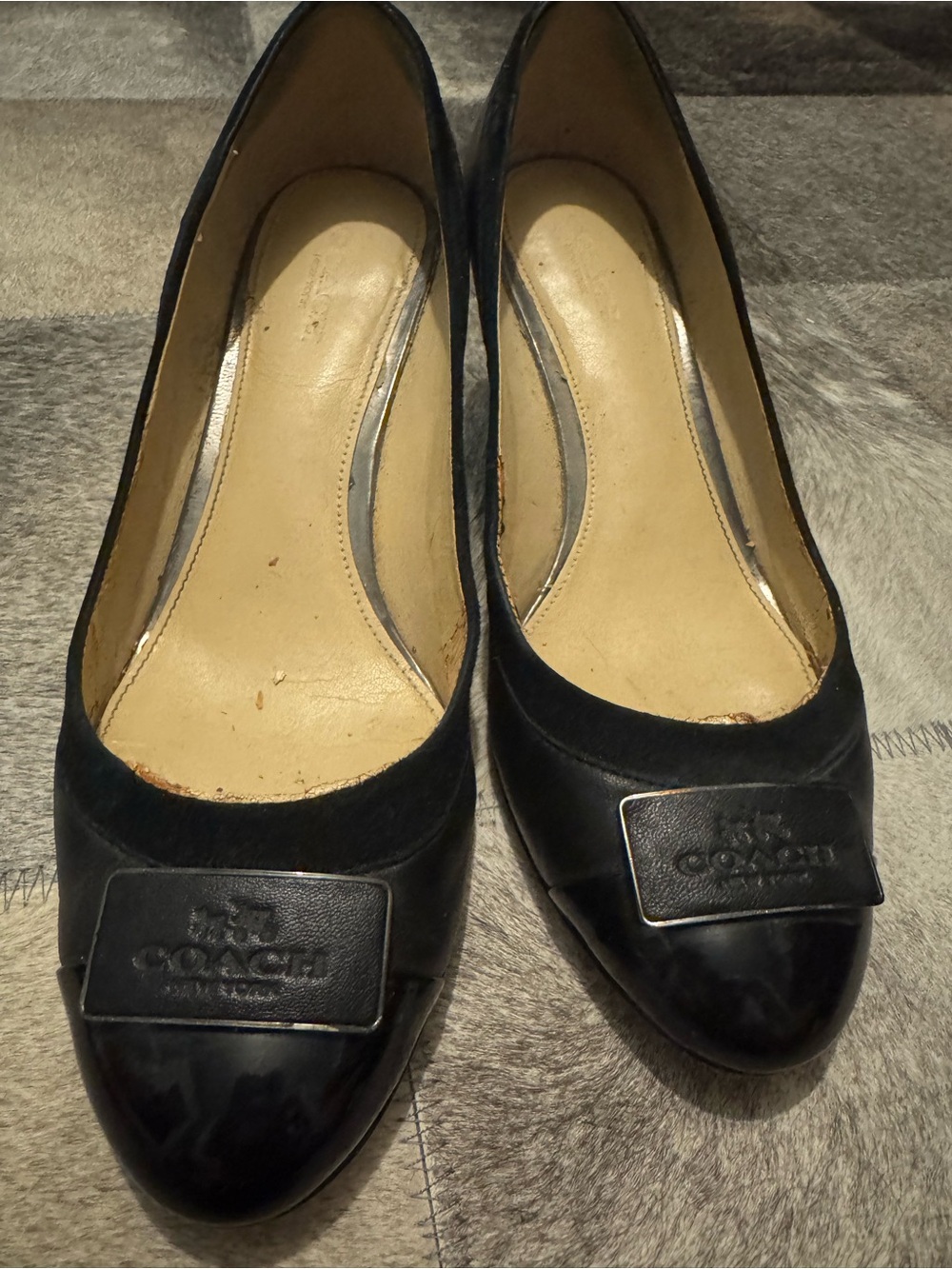Coach Black Leather Women's Low wedge heel with Logo Plaque